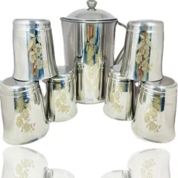 CLASY Stainless steel flower printed 2ltr jug with 6 pcs of glass Jug Glass Set-38
