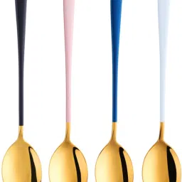 Stainless Steel, Round Head Soup Spoons, Modern Thick Long Handle SUS304 Korean Spoon, Dinner Metal Spoons for Soup, Grain,Dessert,Milk,Tea,Coffee, Set of 4 (Gold – Blue,Black,White,Pink Handle) Stainless Steel Ice Tea Spoon, Ice-cream Spoon, Salad Spoon, Tea Spoon, Table Spoon Set-20