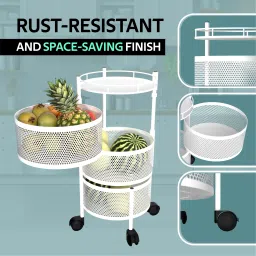 kuber industries 3-Tier Rotating Multipurpose Storage Rack Trolley with Wheels | White Iron Fruit & Vegetable Basket image 2