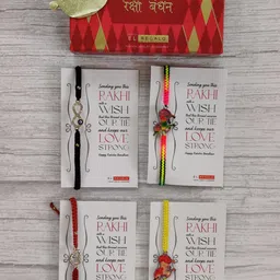 EL REGALO Set Of 4 Stone Studded Wrap Around Rakhi With Roli Chawal & Raksha Bandhan Greeting Card image 1