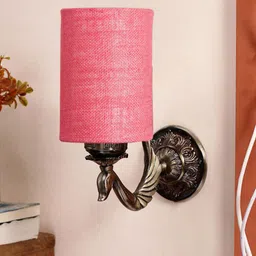Devansh Pink & Gold Toned Textured Antique Wall Lamp With Jute Conical Shade-10