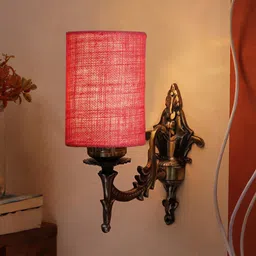 Devansh Pink & Gold Toned Textured Antique Wall Lamp With Jute Conical Shade image 5
