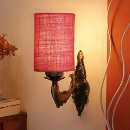 Devansh Pink & Gold Toned Textured Antique Wall Lamp With Jute Conical Shade image 3