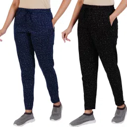 Pack of 2 Women Printed Black, Dark Blue Track Pants-image-3