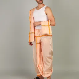 SAC SHREE APARAJEET CREATIONS Men's Peach Colour Panjagajam Readymade Gold Zari dhoti and towel set Free size Embroidered, Striped, Solid Men Dhoti-image-2