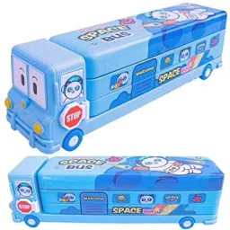 Multicolour Cartoon Printed School Bus Matal Pencil Box with Moving Tyres and Sharpner for Kids(Blue) Geometry Box-image-25