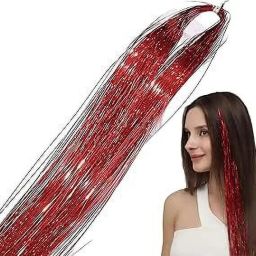 Sparkling Red hair Tinsel Glitter highlights 40 inches for Women's & girl's Hair Extension-image-63