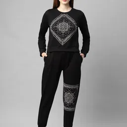 Rigo Women Black & White Printed Cotton Slim Fit Tracksuit-image-54