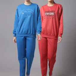 mack jonney VIMAL JONNEY Women Pack Of 2 Pink & Blue Printed Fleece Tracksuits-picture-1