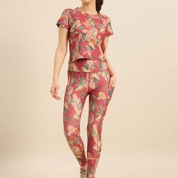 Bannos Swagger Brick Red Floral Printed Round Neck T-shirt & Tight-21