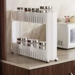 2 Layer Storage Organizer Multipurpose Slim Rack | White 2 Tier Utility Shelf with Wheels for Kitchen, Bedroom, Bathroom Plastic Kitchen Trolley-8