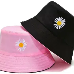 poshing Daisy Embroidered Unisex foldable cotton Reversible Bucket Hat-30