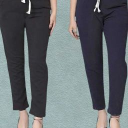 Women Straight Fit Black, Blue Pure Cotton Trousers-image-84