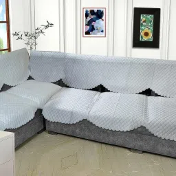 Velvet Checkered 3+3 Seater L-Shape Sofa Cover-image-16