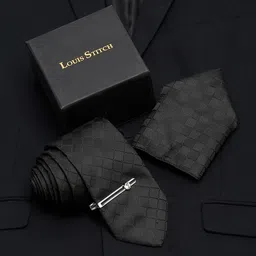 LOUIS STITCH Men Sable Black Italian Silk Necktie Accessory Gift Set-image-13