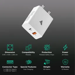 vaku luxos Vaku 20W Type A & Type C 2-Port Fast Charger (Adapter Only, Multiple Safety Chips, White) image 2