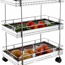 Multipurpose 3 Layer Perforated Portable Design Vegetable & Fruit Stand ( 4-Tire ) Stainless Steel Kitchen Trolley-image-67