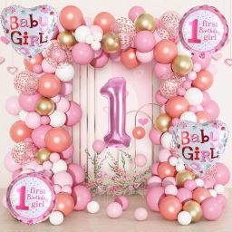 Pink & Gold Baby Girl 1st Birthday Decoration with Balloon Arch and Foil Balloon-image-16