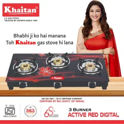 3 Burner Active Red Digital with Brass Burner Digital Toughened Glass LPG Glass Manual Gas Stove-image-43