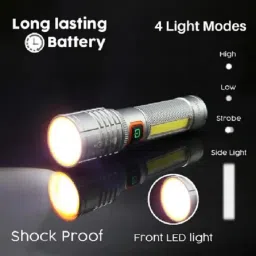 Powerful Metal LED Zoomable 4 Modes Flashlight, Super Bright Cree with COB 5 hrs Torch Emergency Light-2
