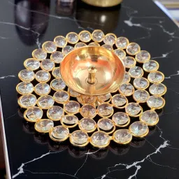 Lotus Crystal Akhand Diya Brass Oil Lamp || 6 Inch Puja Diwali Tea Light Holder Brass, Crystal Table Diya-image-35