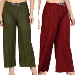 Pack of 2 Women Relaxed Green, Maroon Lycra Blend Trousers-image-9