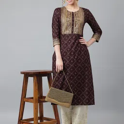 Khushal K Women Brown & Gold-Toned Ethnic Motifs Printed Straight Kurta-picture-57