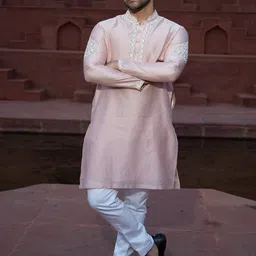 KAAJ BUTTON Floral Yoke Design Regular Thread Work Chanderi Silk Kurta with Trouser image 1
