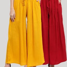 Pack of 2 Women Flared Red, Yellow Viscose Rayon Trousers-image-57