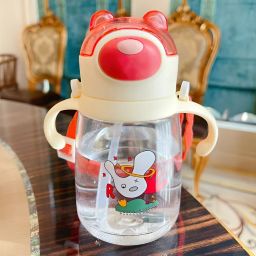 Water Bottle Anti-Leak Kids Cartoon Water Bottle with Straw Strap & Side Handle-image-94