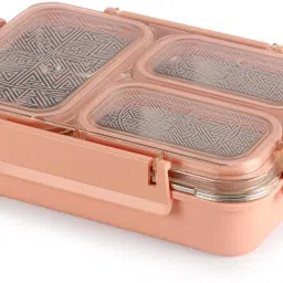 Tri Lunch | Silicon Seal in The Lid | 4 Sided Click Locks | Peach | Inner Steel 1 Containers Lunch Box-13