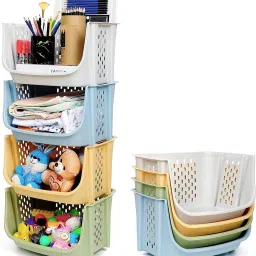 4 Pcs Storage Basket Plastic Bins with Wheels & Front Opening - Containers PP Collapsible Wardrobe-image-69