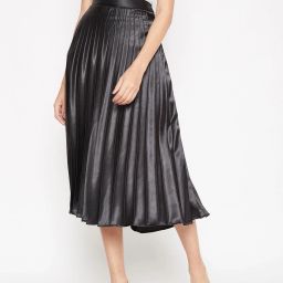 Women Solid Pleated Black Skirt-image-32