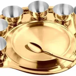 Pack of 9 Gold Plated Nifty High Grade Stainless Steel Thali Set with PVD Coating Dinner Set-32