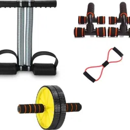 FITNESS COMBO OF DOUBLE SPRING TUMMY TRIMMER WITH AB WHEEL WITH PUSH UP STAND AND RESISTANCE TUBE Fitness Accessory Kit Kit-15