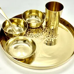Bronze 6-PCS Kansa Set Polish Finish 1 Plate 12" Thali,2 Bowls,1 Glass,1 Plate,1 Spoon Dinner Set-image-14