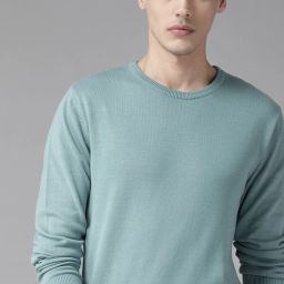 Men Solid Round Neck Blue Sweater-image-75