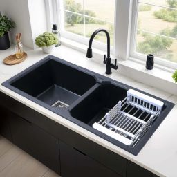 Quartz Double Bowl |45x20x9 inches| Kitchen Sink| Black Matte Finish | Natural Black Granite Stone Matt Finish Drop-In Double Bowl Sink Vessel Sink-image-17