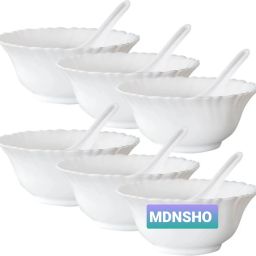 Opalware Massage Bowl pack of 12 ( 6 bowl+6spoon) Opal Glass Solid Bowl - 400 ml, Set of 6, White-image-1