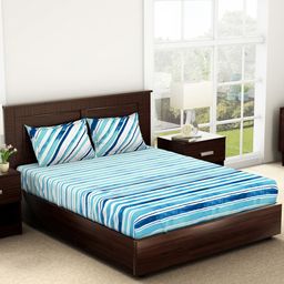 SPACES Geostance Blue & White Striped 140 TC Cotton Queen Bedsheet & 2 Pillow Covers-image-58