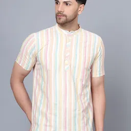 Latest Chikan Garments Striped Band Collar Pure Cotton Short Kurta-image-84