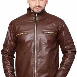 Men Solid Leather Jacket-image-100