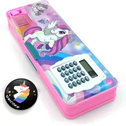Unicorn Theme Built-in Calculator Vibrant Pink Color With Attractive Badge Trandy Designed Compact and Portable Best Return Gift For Kids Art Plastic Pencil Box-11