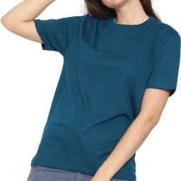 Women Solid Round Neck Pure Cotton Blue T-Shirt-image-53