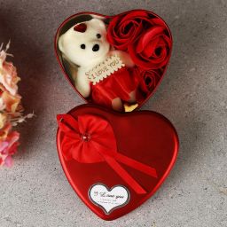 Artificial Red Rose & Teddy Bear In Heart Shape Metal Box Red Rose Artificial Flower-image-65