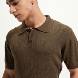Men Self Design Polo Neck Pure Cotton Brown T-Shirt-image-95