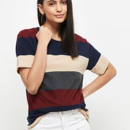 max Women Solid Round Neck Pure Cotton Dark Blue T-Shirt-picture-45