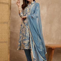 Women Printed Pure Cotton Flared Kurta With Attached Dupatta-image-22