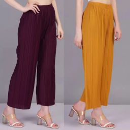 Pack of 2 Women Regular Fit Yellow, Purple Viscose Rayon Trousers-image-84