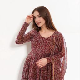 Floral Print, Geometric Print, Polka Print, Printed, Solid, Checkered, Striped, Self Design Cotton Blend Stitched Anarkali Gown-3